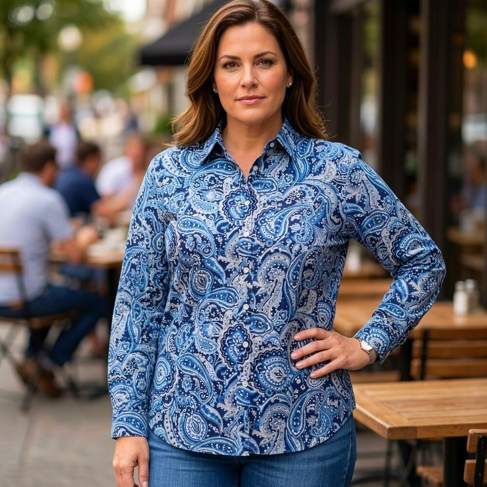 Lauren Ralph Lauren Button Down Shirt Paisley Long Sleeve Blue Size 1X